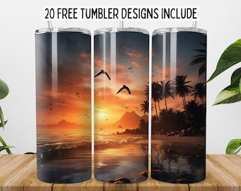 3D Sunset Beach 20oz Skinny Tumbler PNG, Skinny Beach Sunset Tumbler, Summer Tumbler Wraps, Straight Tumbler, Seamless Sublimation Tumbler