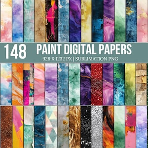 148 Paint Papers Png Bundle, Konstnärligt Digitalt Papperspaket, Akvarell Texturbakgrunder, Utskrivbara Hantverksmönster, Digital Nedladdning