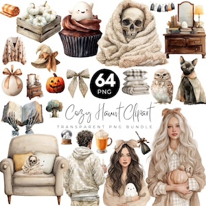 64 Watercolor Cozy Haunt Clipart, Neutral Halloween Bundle, Soft Halloween PNG, Autumn Ghost PNG,  Pumpkins, Cats, Haunted, Instant Download