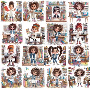 May include: A collection of sixteen illustrations featuring a cartoon character with curly brown hair in various craft room settings, surrounded by art supplies, cutting machines, rolls of vinyl, and organised shelves filled with colourful materials.