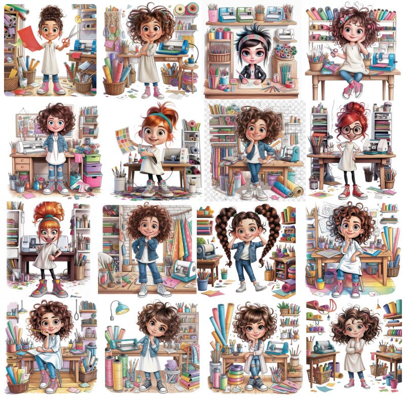 May include: A collection of sixteen illustrations featuring a cartoon character with curly brown hair in various craft room settings, surrounded by art supplies, cutting machines, rolls of vinyl, and organised shelves filled with colourful materials.