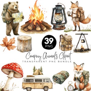 39 Camping Animals PNG Clipart Bundle, Watercolor & Cartoon Forest Bear, Campfire Tent Lantern PNG, Scrapbook, Party, Crafts, Digital PNG