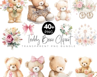 40+ Teddy Bear Clipart Bundle, Baby Bear Png, Balloons, Nursery Clipart, Teddy Bear, Watercolor High Quality Png, Digital Download