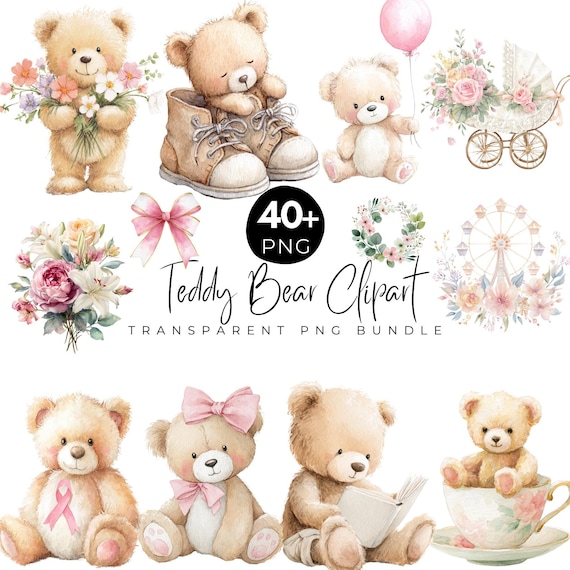 40+ Teddy Bear Clipart Bundle, Baby Bear Png, Balloons, Nursery Clipart, Teddy Bear, Watercolor High Quality Png, Digital Download
