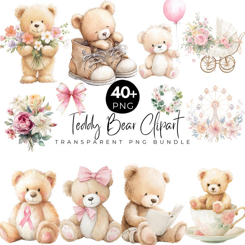 Puede incluir: Ilustraciones de acuarela de osos de peluche con flores, un globo rosa y un cochecito de beb&eacute;. El texto "Teddy Bear Clipart" se muestra con "40+ PNG" en un c&iacute;rculo negro. Paquete PNG transparente.