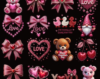20+ Rhinestone Valentine PNG Bundle, Diamond Glitter, Love Xoxo Sparkle Coquette Bow, Teddy Bear Shirt Designs, Sublimation Design