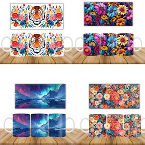 May include: Set of three white ceramic mugs with different colorful floral and animal designs. The first mug features a tiger with a floral background. The second mug features a floral design with a blue, yellow, and pink color scheme. The third mug features a floral design with a red, orange, and yellow color scheme.