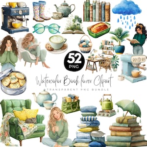 52 aquarel boekenliefhebber clipart, leesboek png, boekenliefhebber kunst, lente lezen png, humeurig lentemeisje, digitale download