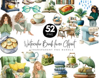 52 Aquarell Buchliebhaber Clipart, Lesebuch Png, Buchliebhaber Kunst, Frühling Lesung PNG, launisches Frühlingsmädchen, digitaler Download