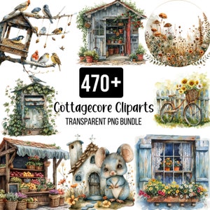 Peut inclure: Illustrations &agrave; l'aquarelle sur le th&egrave;me du cottagecore. L'image comprend un nichoir, un cabanon de jardin, une bo&icirc;te aux lettres, un v&eacute;lo avec un panier de tournesols, un &eacute;tal de march&eacute;, une souris et un jardini&egrave;re. Le texte indique "470+ Cottagecore Cliparts Transparent PNG Bundle."