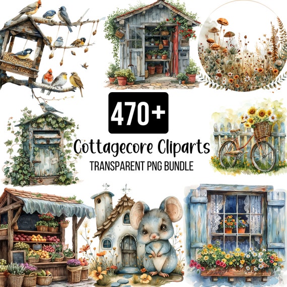 470+ Cottagecore Clipart Bundle, Watercolor Spring Cottagecore PNG, Countryside Nature Graphics, Cottage Book Images, Cozy Bookworm Graphics