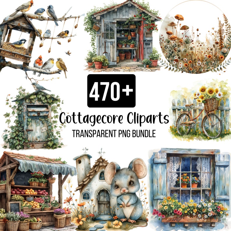 Peut inclure: Illustrations &agrave; l'aquarelle sur le th&egrave;me du cottagecore. L'image comprend un nichoir, un cabanon de jardin, une bo&icirc;te aux lettres, un v&eacute;lo avec un panier de tournesols, un &eacute;tal de march&eacute;, une souris et un jardini&egrave;re. Le texte indique "470+ Cottagecore Cliparts Transparent PNG Bundle."