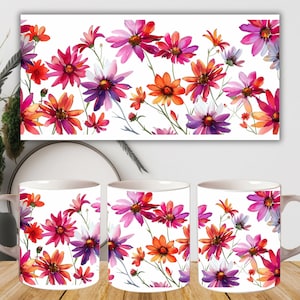 Wildflowers Mug Sublimation Designs, Watercolor Floral 15oz Mug Wraps ...