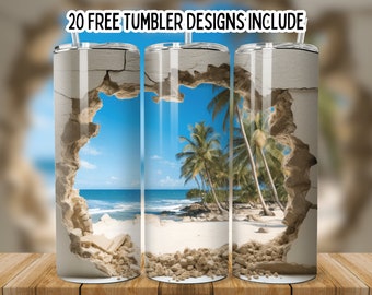 Envoltura para vaso de 20 oz con conchas marinas de playa y pared agrietada en 3D, envoltura para vaso recto de playa isleña, diseño sin costuras de playa, diseño de sublimación PNG