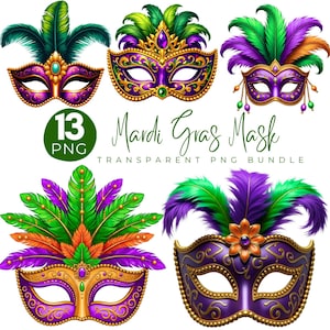 Puede incluir: Seis máscaras ornamentadas de Mardi Gras en morado, dorado, verde y naranja. Cada máscara presenta diseños intrincados, adornos y plumas coloridas. También se ve el texto "Mardi Gras Mask" y "Transparent PNG Bundle".