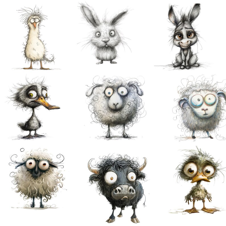 May include: A collection of nine whimsical animal illustrations, each with a unique personality. The animals include a duck, a sheep, a rabbit, a bull, a donkey, and more. The illustrations are drawn in a cartoon style with exaggerated features and expressive eyes.