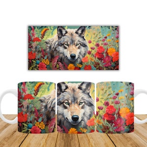 May include: A white ceramic mug with a colorful image of a wolf surrounded by flowers. The wolf has a gray and white coat and green eyes. The flowers are red, orange, yellow, and pink.