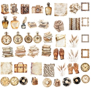 May include: A collection of vintage-inspired watercolor illustrations featuring cameras, typewriters, clocks, envelopes, and other objects. The illustrations are in shades of brown, beige, and white, and have a rustic, antique aesthetic.