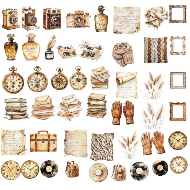 May include: A collection of vintage-inspired watercolor illustrations featuring cameras, typewriters, clocks, envelopes, and other objects. The illustrations are in shades of brown, beige, and white, and have a rustic, antique aesthetic.