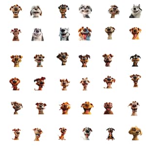 Pu&ograve; includere: Una collezione di 36 volti di cani di cartoni animati con diverse espressioni, tra cui felici, sorpresi e giocosi. I cani sono di razze e colori diversi e guardano tutti direttamente lo spettatore.