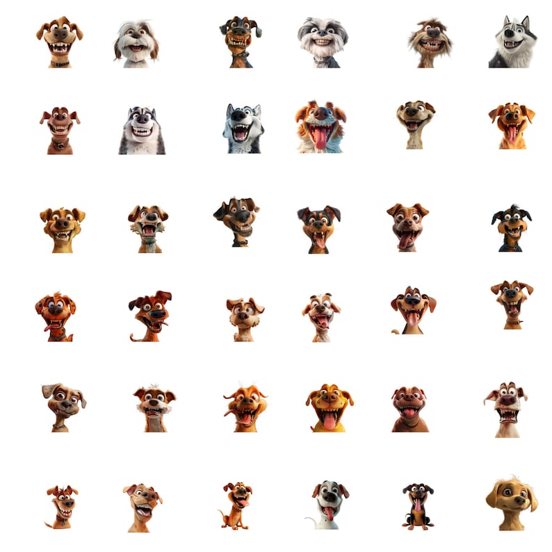 Pu&ograve; includere: Una collezione di 36 volti di cani di cartoni animati con diverse espressioni, tra cui felici, sorpresi e giocosi. I cani sono di razze e colori diversi e guardano tutti direttamente lo spettatore.