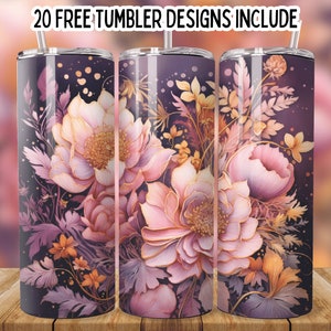 3D rosa nahtlose Blumen Tumbler, 20 Unze Skinny Sublimation Design, gerade Tumbler Wrap 3D nahtlose Blumenbecher, 3D Blumenverpackung png