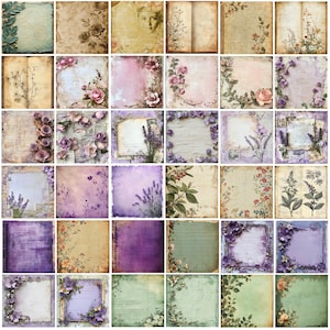 May include: A collection of vintage-style scrapbook paper sheets. The designs feature floral arrangements, botanical illustrations, and aged textures in shades of purple, pink, and beige. Some sheets have open book designs, while others have lavender and rose accents.