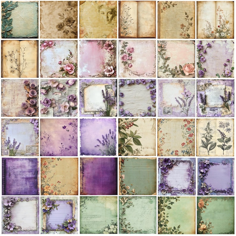 May include: A collection of vintage-style scrapbook paper sheets. The designs feature floral arrangements, botanical illustrations, and aged textures in shades of purple, pink, and beige. Some sheets have open book designs, while others have lavender and rose accents.