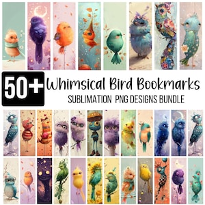 50+ Whimsical Birds Bookmark Bundle, Funny Birds Bookmark PNG, Sublimation Designs, Printable Bookmarks Bundle, Digital PNG