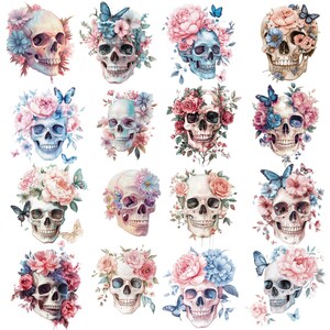 K&ouml;nnte beinhalten: Ein Set mit 16 digitalen Bildern mit farbenfrohen floralen Totenkopf-Designs. Jeder Totenkopf ist mit einer Vielzahl von Blumen geschm&uuml;ckt, darunter Rosen, G&auml;nsebl&uuml;mchen und Schmetterlinge. Die Totenk&ouml;pfe sind in einem realistischen Stil dargestellt, mit filigranen Details und leuchtenden Farben.