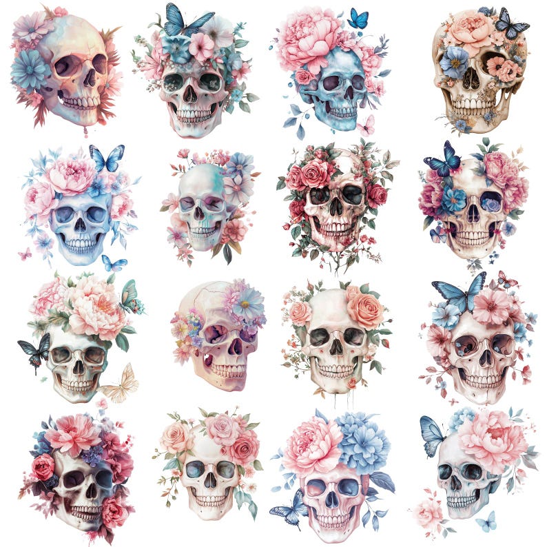 K&ouml;nnte beinhalten: Ein Set mit 16 digitalen Bildern mit farbenfrohen floralen Totenkopf-Designs. Jeder Totenkopf ist mit einer Vielzahl von Blumen geschm&uuml;ckt, darunter Rosen, G&auml;nsebl&uuml;mchen und Schmetterlinge. Die Totenk&ouml;pfe sind in einem realistischen Stil dargestellt, mit filigranen Details und leuchtenden Farben.