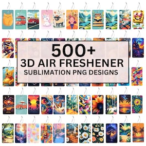 May include: A collection of 500+ 3D air freshener sublimation PNG designs. The designs feature a variety of themes, including animals, nature, and abstract art. The designs are perfect for creating unique and personalized air fresheners.