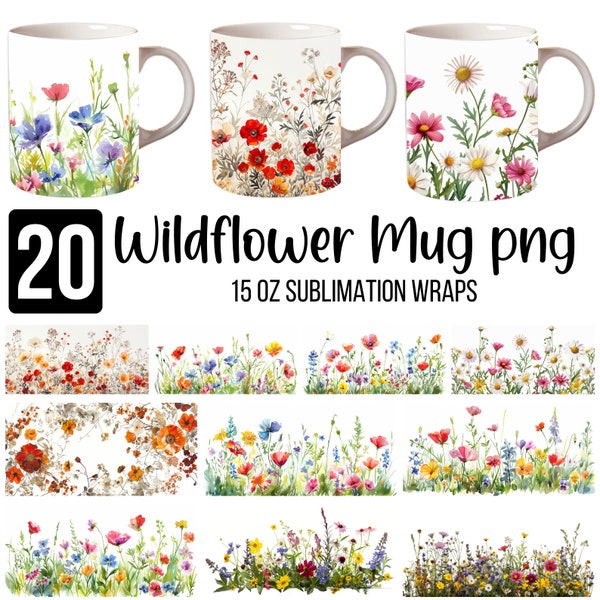 20 conceptions de sublimation de tasse de fleurs sauvages, conceptions de modèle de tasse de ressort, aquarelle florale de tasse de 15 oz enveloppements de png, conception de sublimation de tasse de fleur