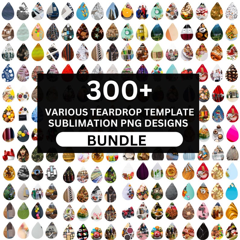 May include: A bundle of over 300 teardrop-shaped sublimation PNG designs. The designs showcase diverse patterns and images, such as fruits, landscapes, and abstract art. The image text reads "300+ VARIOUS TEARDROP TEMPLATE SUBLIMATION PNG DESIGNS BUNDLE."