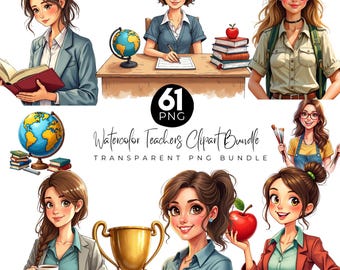 Watercolor Teachers Clipart Bundle, Cute Teacher Clipart PNG, Female Teacher, Classroom Teacher PNG, Education Watercolor Clipart