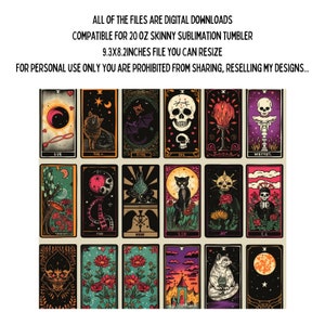 May include: A set of 20 digital downloads of tarot cards featuring a black and white skull, cat, and other spooky imagery. The cards are compatible with 20 oz skinny sublimation tumblers and are 9.3 x 8.2 inches in size.