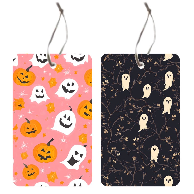 Pode incluir: Dois cart&otilde;es de presente com tema de Halloween. O primeiro cart&atilde;o tem um fundo rosa com um padr&atilde;o de fantasmas brancos e ab&oacute;boras laranja. O segundo cart&atilde;o tem um fundo preto com um padr&atilde;o de fantasmas brancos e galhos dourados.