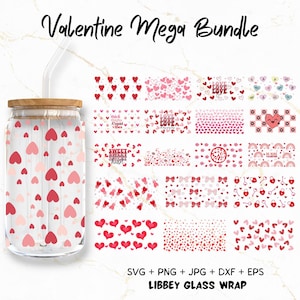 以下が含まれることがあります： ハート、リボン、テキストなど、さまざまなパターンとグラフィックを備えた、バレンタインデーをテーマにした16個のデジタルデザインのセット。これらのデザインは、カスタムタンブラー、マグカップ、その他のクラフトを作成するのに最適です。デザインは、SVG、PNG、JPG、DXF、EPS形式で入手できます。