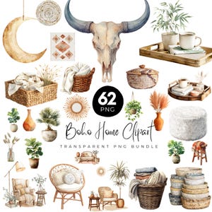 May include: A collection of watercolor Boho home clipart elements, including a bull skull, woven baskets, plants, and furniture. The text "Boho Home Clipart" and "Transparent PNG Bundle" are also included.