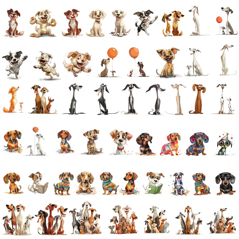 Pu&ograve; includere: Una collezione di illustrazioni di cani di cartoni animati colorati in varie pose e con diversi accessori. I cani sono raffigurati in una variet&agrave; di razze, tra cui bassotti, levrieri e terrier.