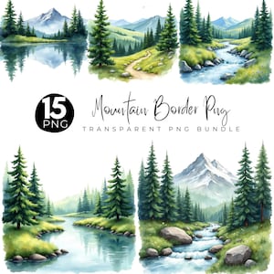 Könnte beinhalten: Aquarellillustrationen von Berglandschaften mit immergrünen Bäumen, Seen und Flüssen. Die Bilder zeigen einen Pfad, der sich durch ein grünes Feld schlängelt, und einen schneebedeckten Berg. Der Text lautet "15 PNG" und "Mountain Border Png TRANSPARENT PNG BUNDLE."