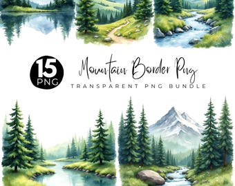 Watercolor Mountain Clipart Bundle, Mountain Clipart, Mountain Border, Mountain PNG, Landscape, Sublimation, Digital Download