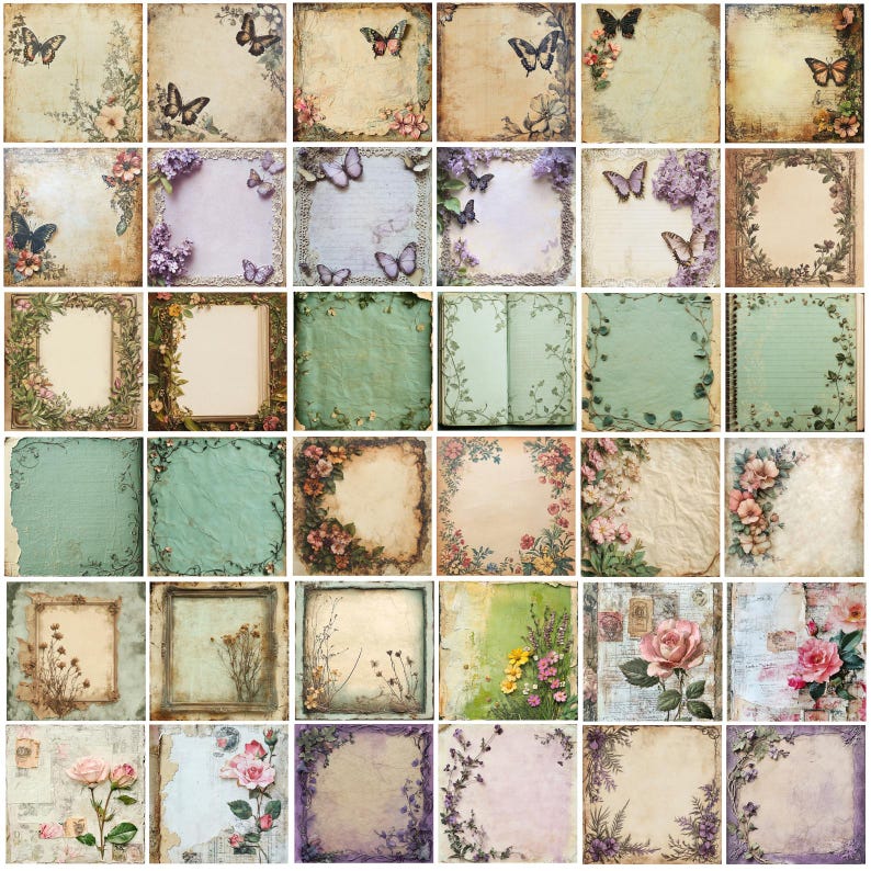 May include: A collection of vintage-style scrapbook paper sheets. Each sheet features a unique design with floral and butterfly motifs, aged textures, and soft color palettes of beige, green, and purple. Ideal for crafting and journaling projects.