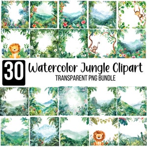 Aquarell Dschungel Clipart PNG Bundle, Aquarell Dschungel druckbares Papier, Dschungel Landschaft, Grüne Pflanze Hintergrund, Aquarell Dschungel Journal