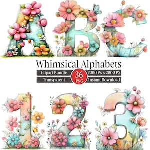 Könnte beinhalten: Aquarell-Cliparts-Bundle mit skurrilen floralen Alphabeten und Zahlen. Die Buchstaben A, B und C sowie die Zahlen 1, 2 und 3 sind mit bunten Blumen und Blättern verziert. Der Text "Whimsical Alphabets" ist enthalten.
