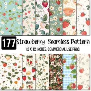 May include: A selection of 177 strawberry seamless patterns, each 30.48 cm x 30.48 cm. The designs showcase strawberries, flowers, and leaves on diverse backgrounds, including light blue, cream, and gingham. The image text reads "COMMERCIAL USE PNGS."