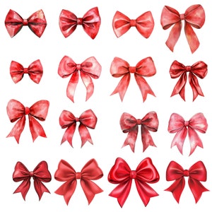 May include: A set of 16 watercolour illustrations of red bows. The bows are in various styles and sizes, with some having a more textured look than others.