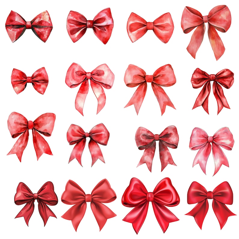 May include: A set of 16 watercolour illustrations of red bows. The bows are in various styles and sizes, with some having a more textured look than others.