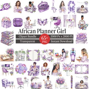 May include: A digital clipart bundle titled "African Planner Girl" featuring illustrations in shades of purple. The images include women, books, flowers, and office supplies. The bundle includes over 65 PNG files with a transparent background, perfect for digital projects.