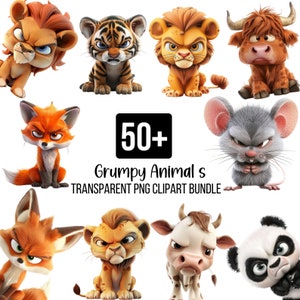 Funny Grumpy Animals Clipart Bundle, Grumpy Animals Png, Funny Cow Lion Fox Animals, Funny Jungle Animals, Cartoon Pet Prints, Digital Files